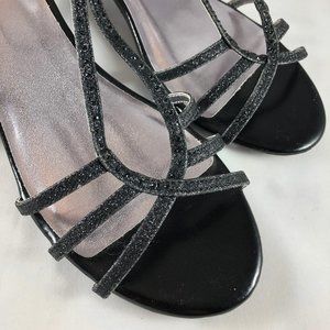 Black strap 2 1/2" heels, 13M, black jewels across instep